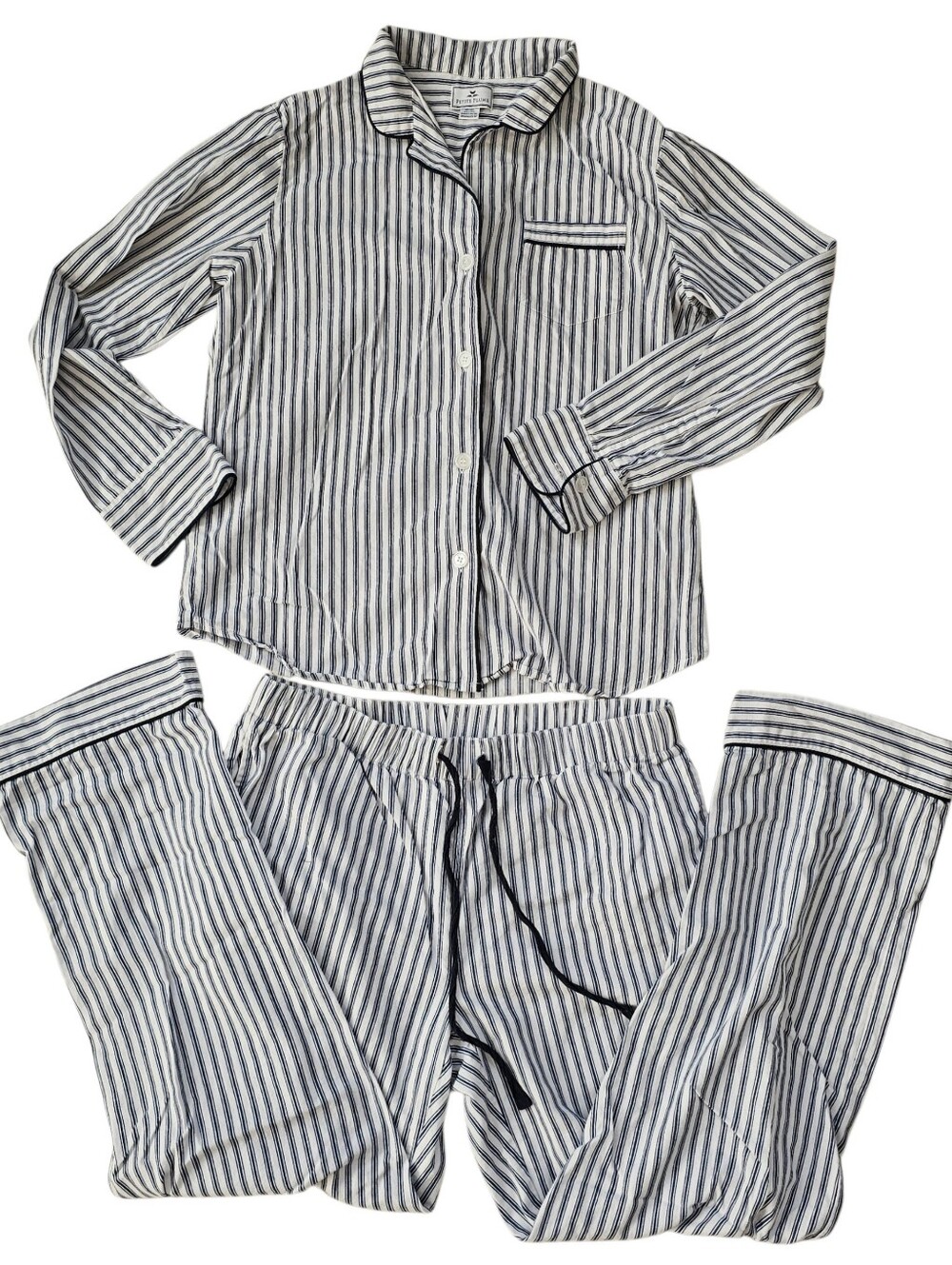 Petite Plume Navy French Ticking Stripe Pajama Set - Women's M Cotton Twill